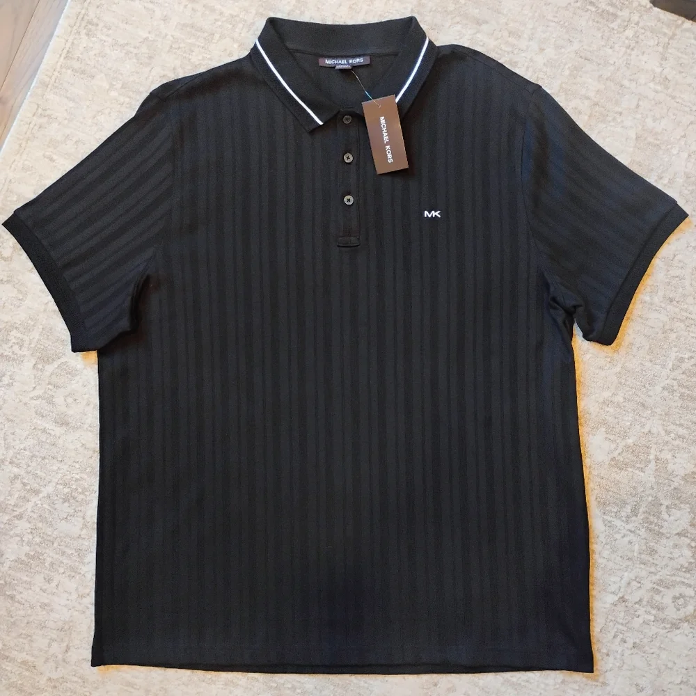 NWT XL Michael Kors Black Tone-on-tone Vertical Textured Stripe Knit Polo Shirt - Picture 1 of 8